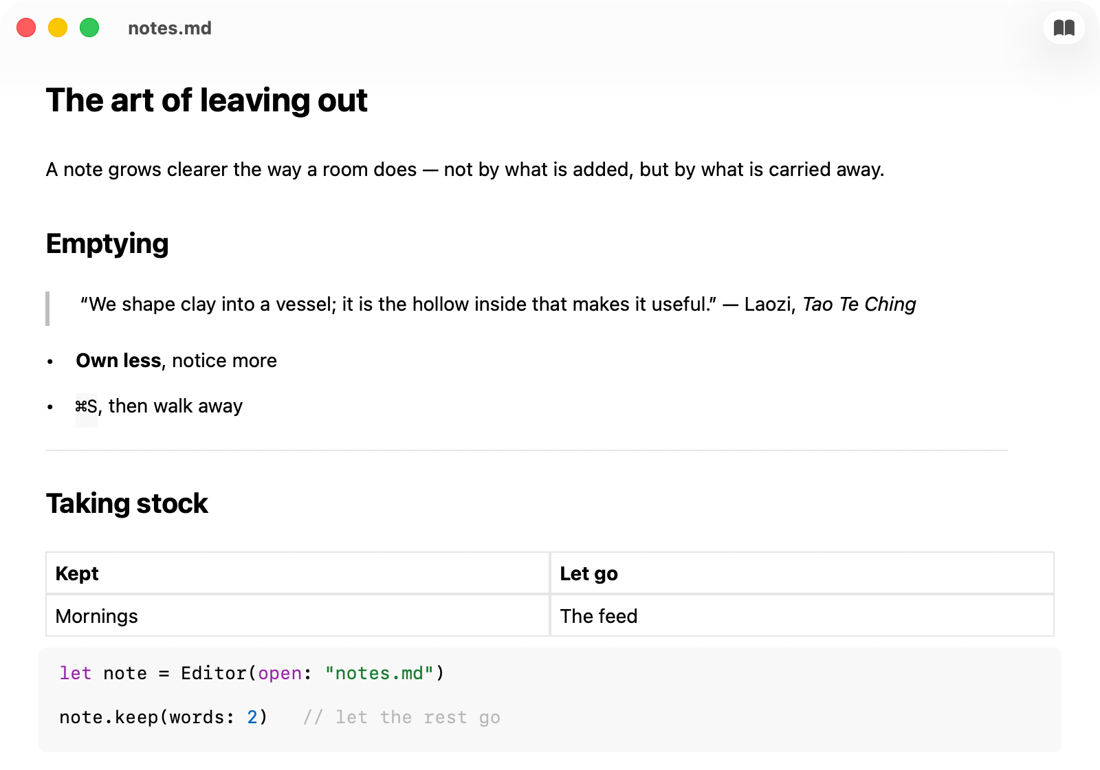 The same note in Reader mode, rendered read-only: quote bar, live link, divider, real table and code block — one keystroke from the editor